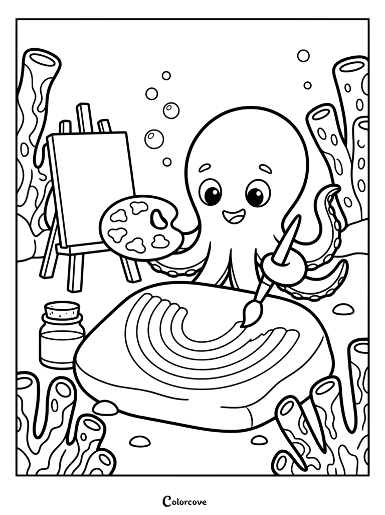 An octopus holding a paintbrush and a paint palette while painting a rainbow on a large rock, ideal for a printable coloring page