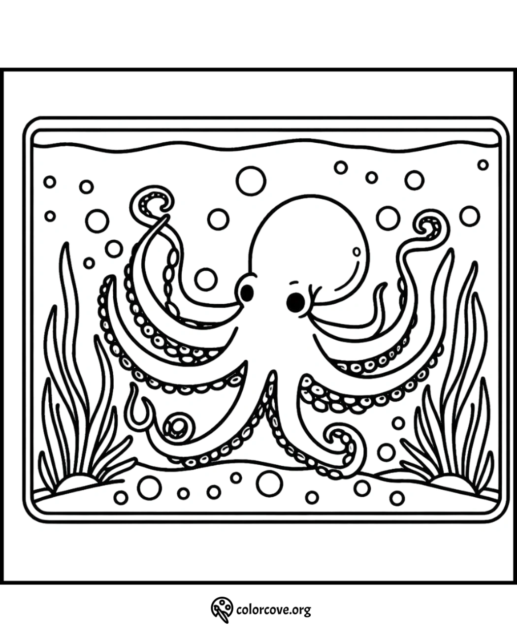 Octopus coloring page for kids featuring a cute underwater scene with seaweed and bubbles. Ideal for ocean-themed coloring fun.