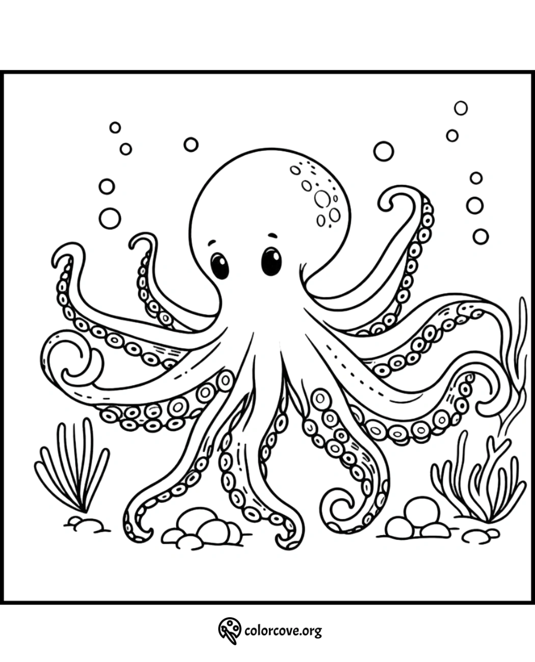 Octopus coloring page for kids with an underwater scene featuring sea plants and bubbles - perfect for printable activities.