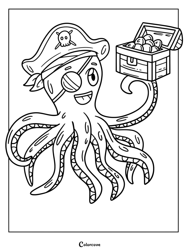 A pirate octopus wearing an eyepatch and tricorn hat holding a treasure chest full of coins coloring page