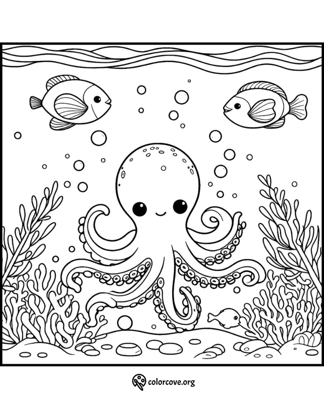 Cute octopus coloring page with fish, seaweed, and ocean bubbles. Fun undersea illustration for kids to color.