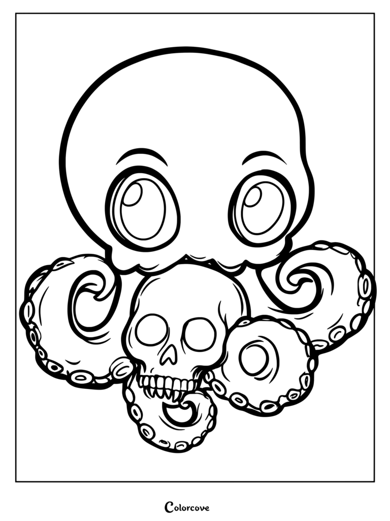 Detailed line art coloring page of a cute octopus holding a human skull with its tentacles