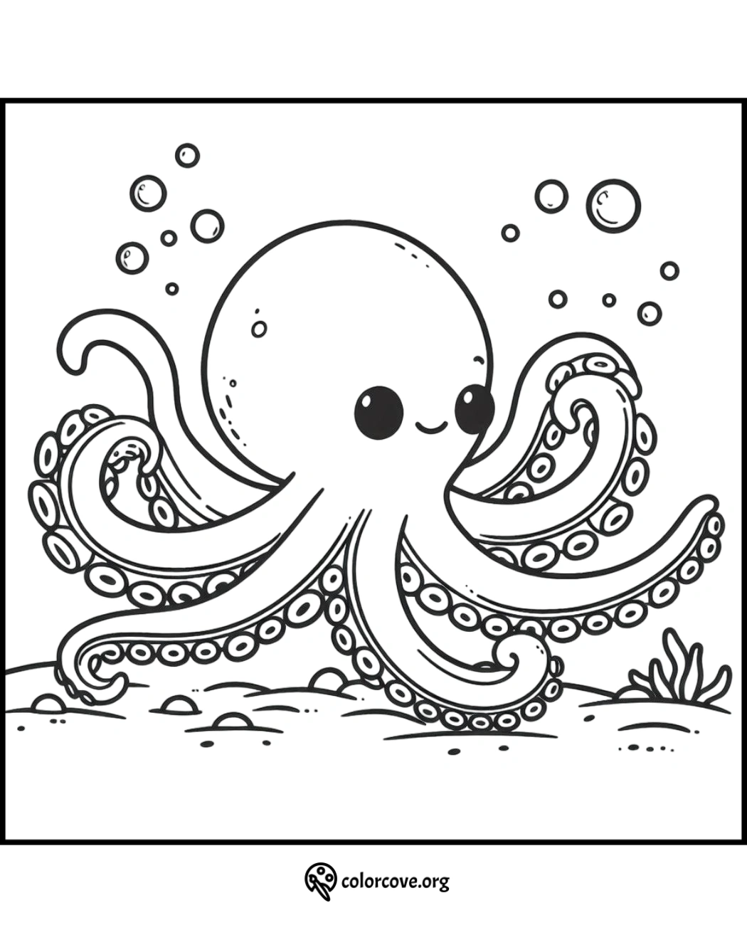 Cute octopus coloring page for kids by colorcove.org. Fun underwater-themed activity with bubbles and sea creatures.