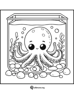 Adorable octopus coloring page for kids featuring a cute smiling octopus in an aquarium with plants and rocks.