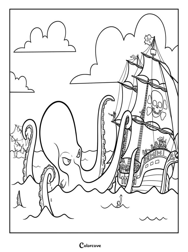 A giant octopus attacking a pirate ship with sailors on deck, printable coloring page.