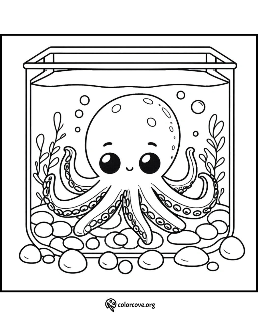 Adorable octopus coloring page for kids featuring a cute smiling octopus in an aquarium with plants and rocks.