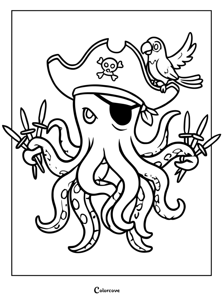 A pirate octopus coloring page wearing a skull hat and eyepatch, holding swords with a parrot.