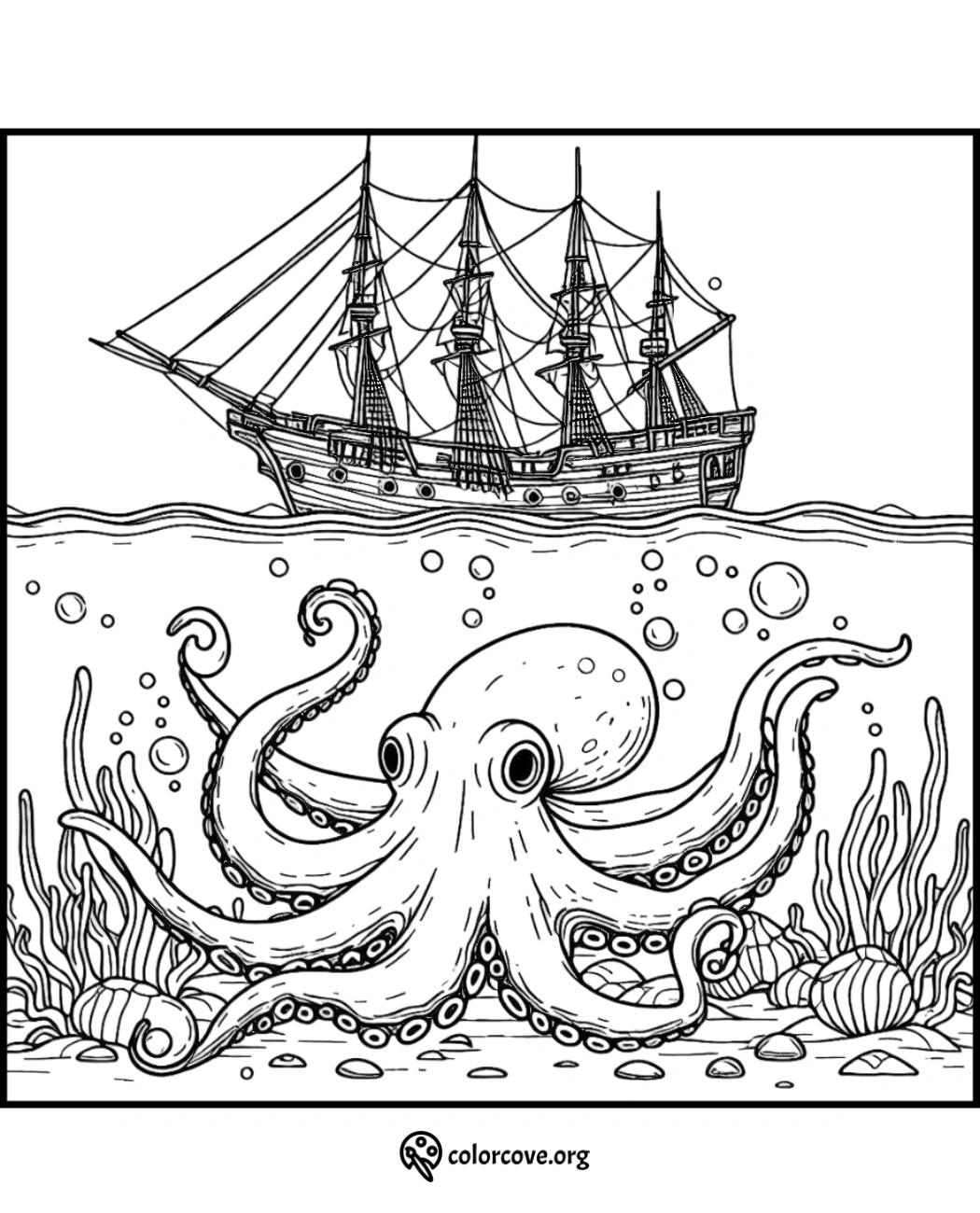 Coloring page of an octopus under the sea with a sailing ship above and coral, bubbles, and ocean plants surrounding.