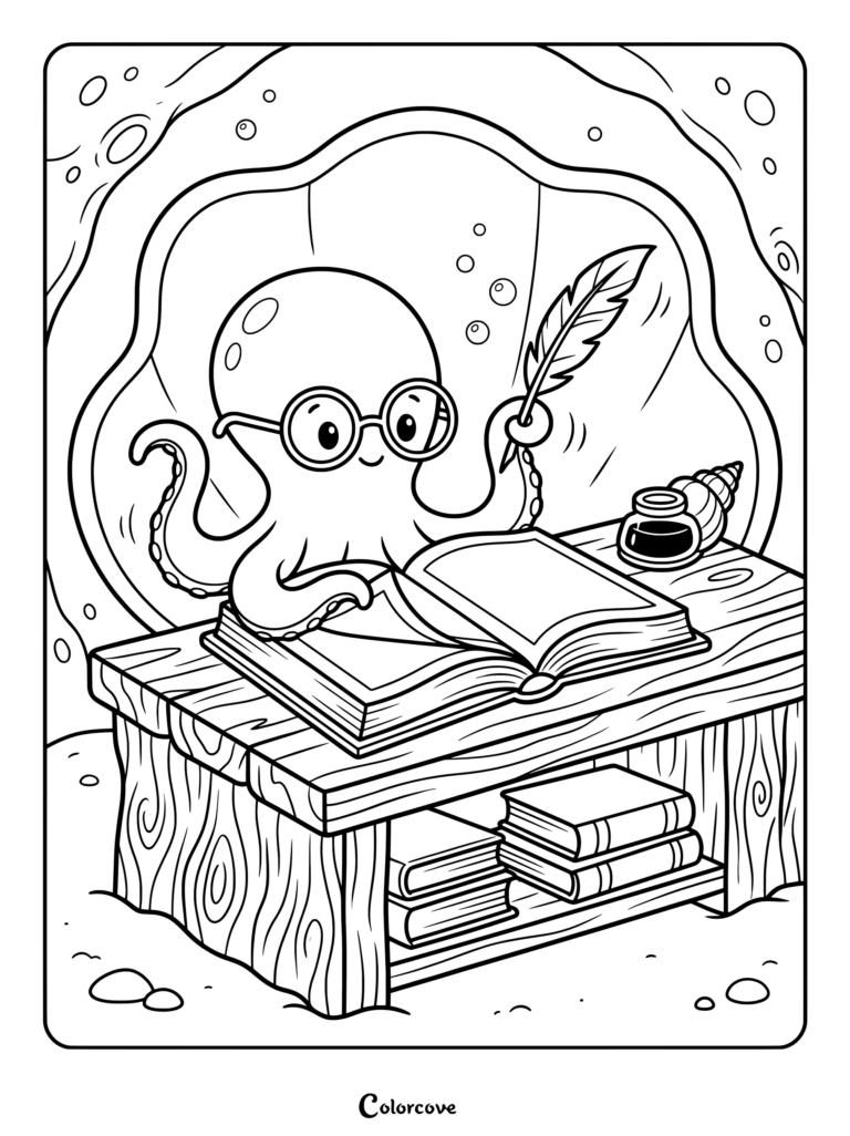 An octopus wearing round glasses writing in a book with a feather quill while sitting at a wooden desk, featuring an inkwell and extra books on the shelf, designed as a coloring page.
