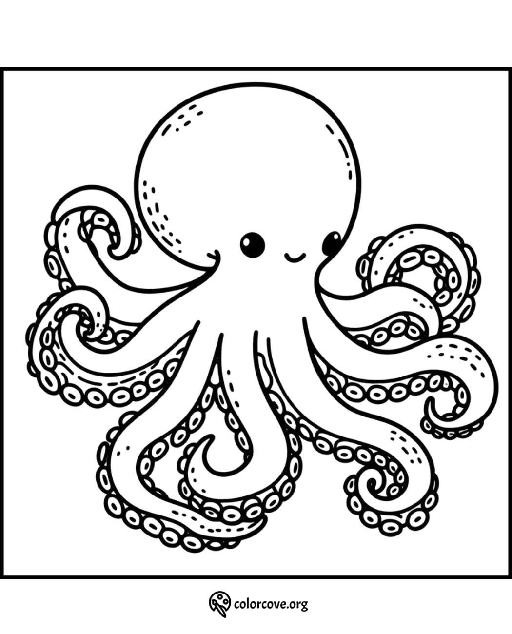 Octopus coloring page for kids, featuring a cute octopus with rounded head and eight detailed tentacles. ColorCove.org.