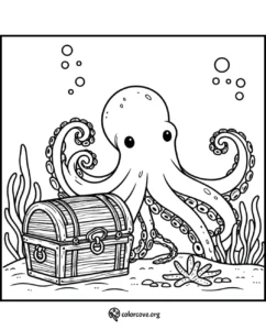 Octopus and treasure chest underwater coloring page. Printable maritime scene for kids to color from colorcove.org.