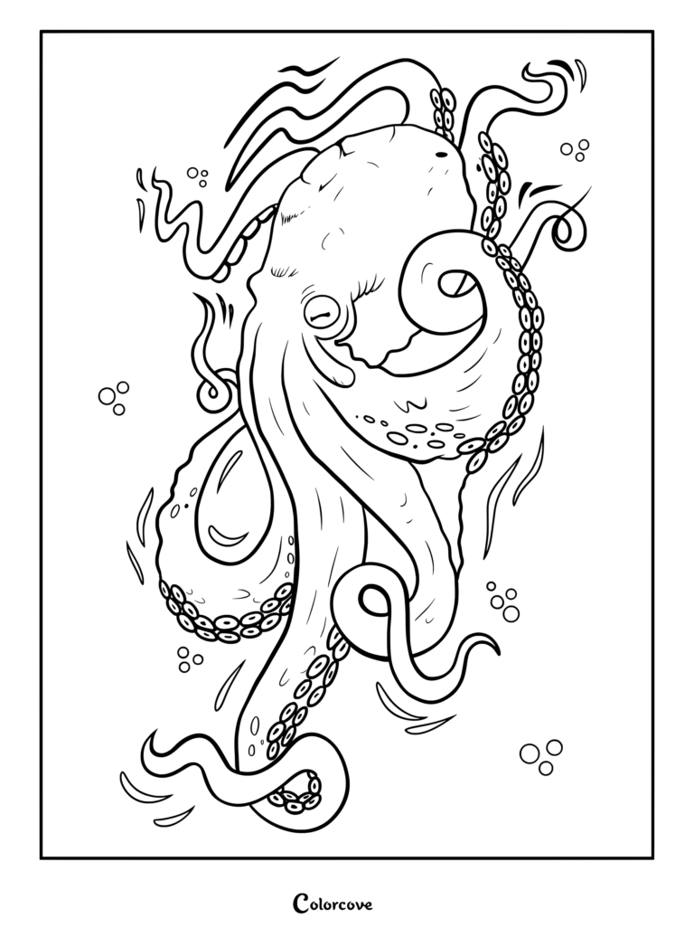 A detailed octopus coloring page featuring a large sea creature with detailed tentacles and suction cups swimming amidst bubbles.