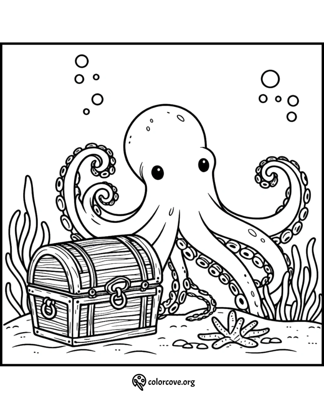 Octopus and treasure chest underwater coloring page. Printable maritime scene for kids to color from colorcove.org.