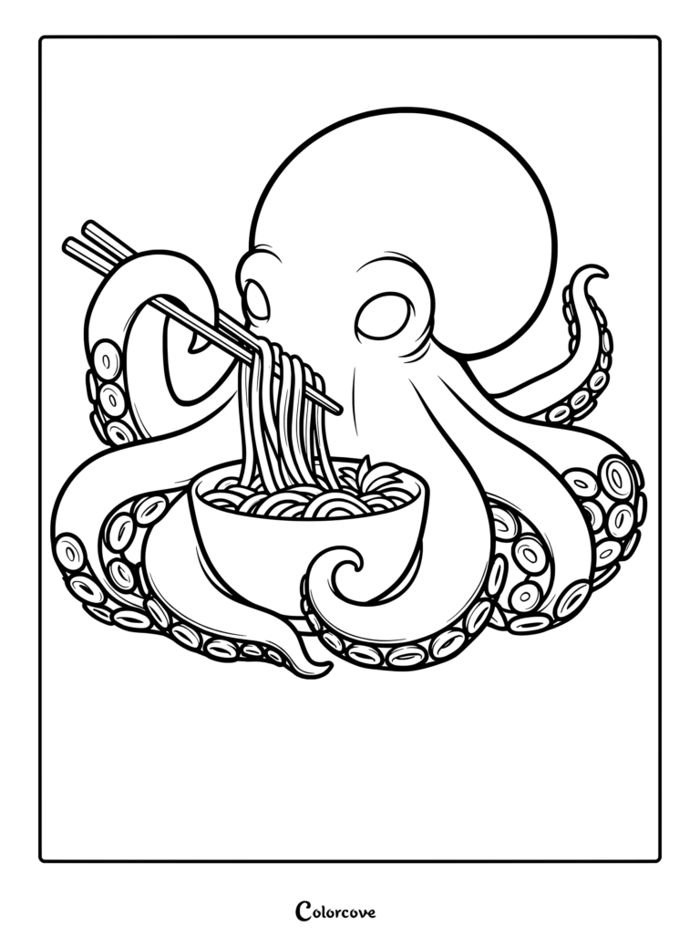 An octopus holding chopsticks and eating a bowl of noodles in this printable coloring page