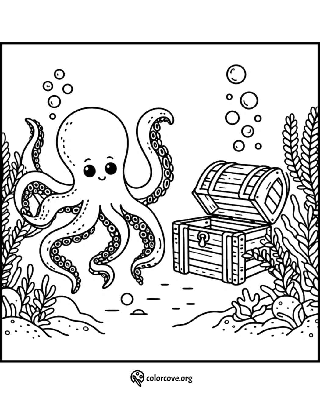 Cute octopus and treasure chest underwater coloring page, featuring seaweed and bubbles. Ideal for kids' coloring activities.