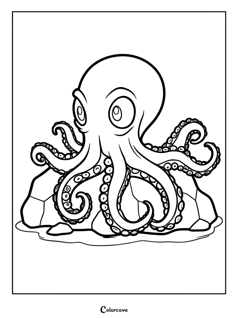 A printable coloring page featuring a friendly cartoon octopus resting on a rock with detailed suction cups on its tentacles.