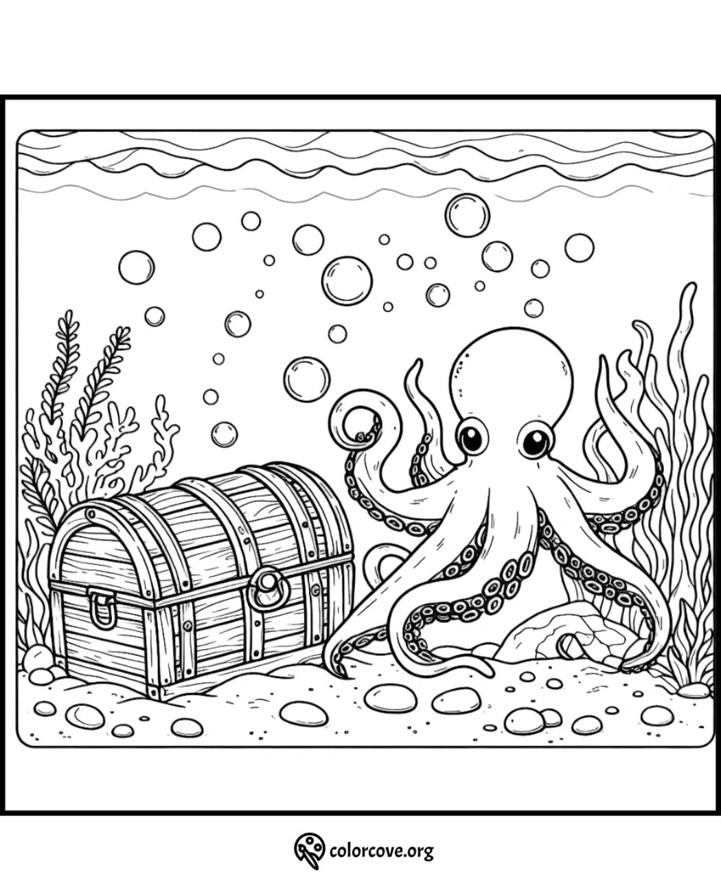 Octopus and treasure chest under the sea coloring page with bubbles, seaweed, and underwater scene.