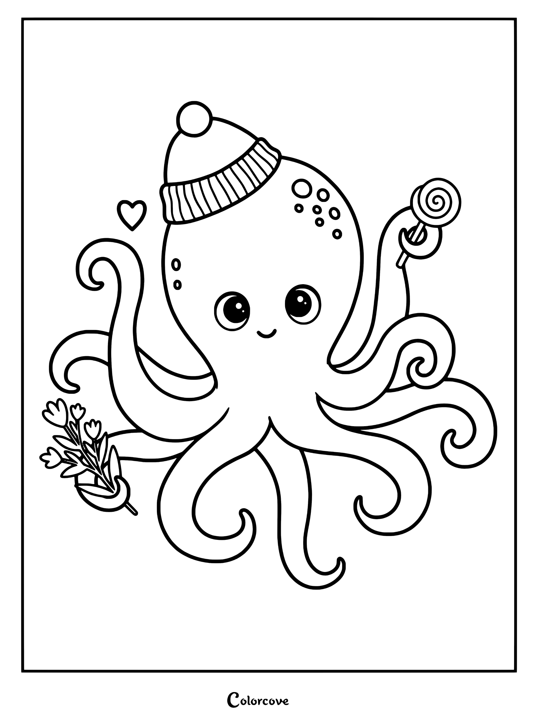 Cute octopus wearing a winter hat, holding flowers and a lollipop coloring page