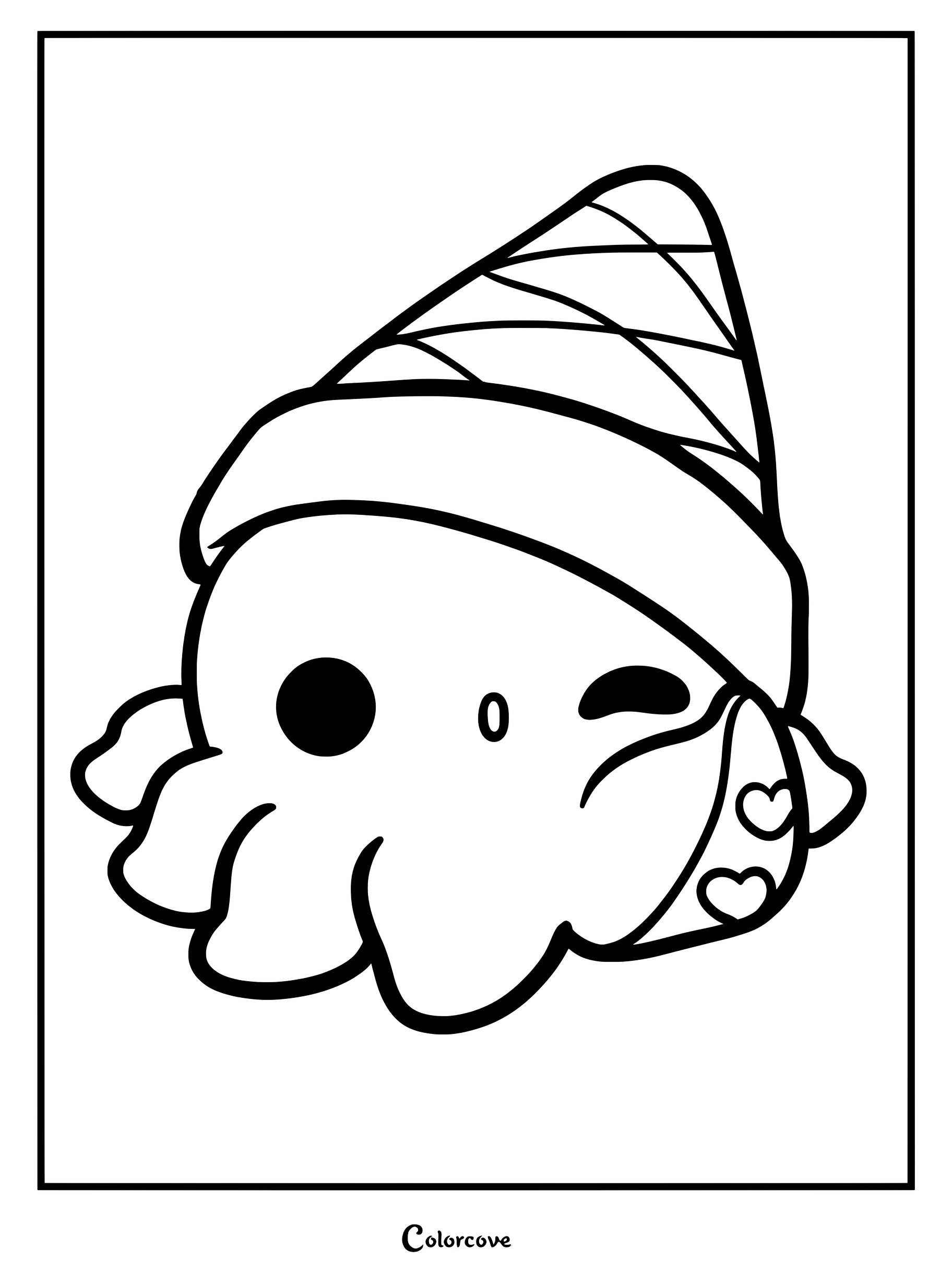 A printable coloring page of a cute baby octopus wearing a festive party hat with a winking expression.