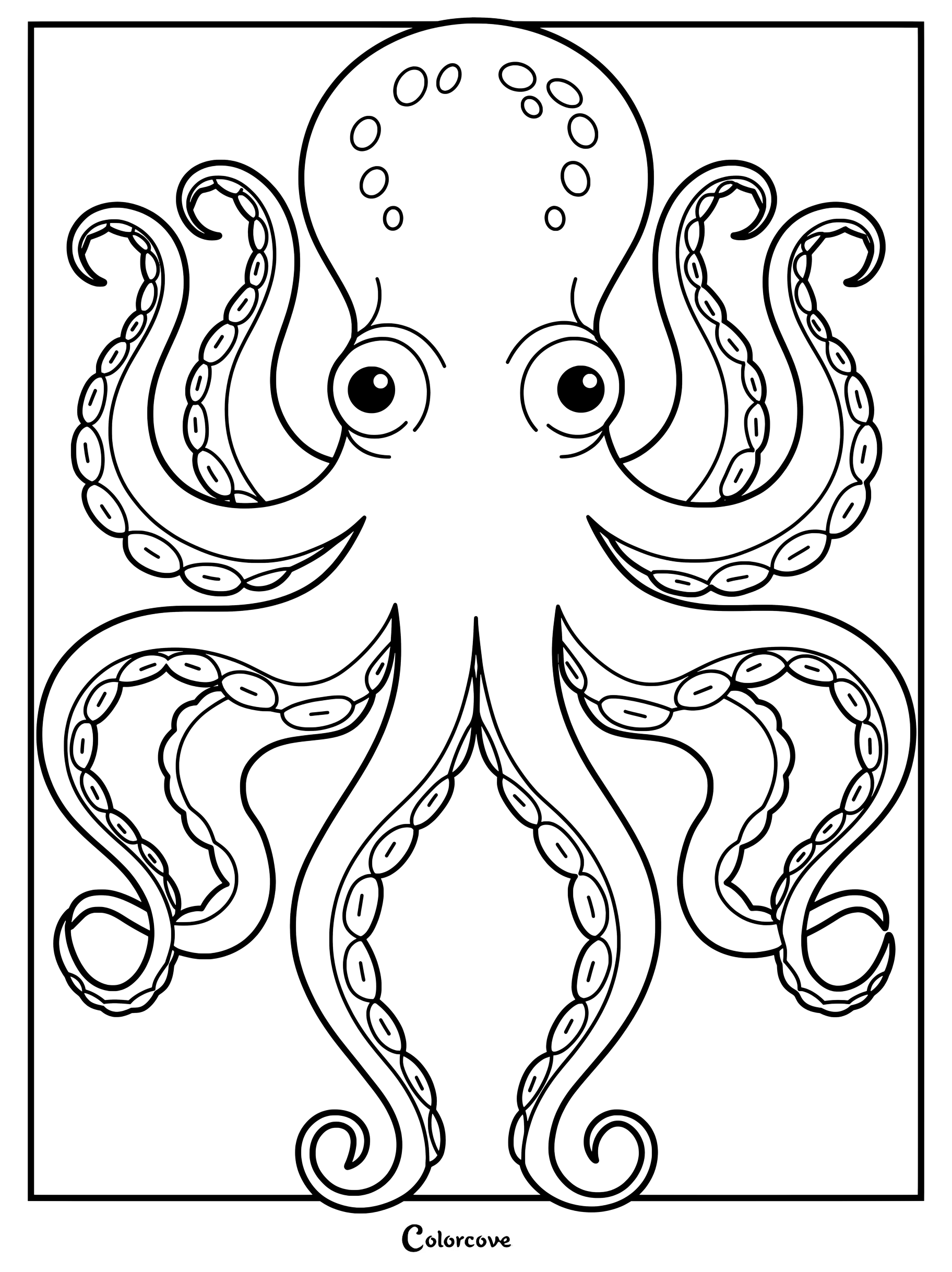 A printable coloring page of a friendly octopus with big round eyes and detailed tentacles