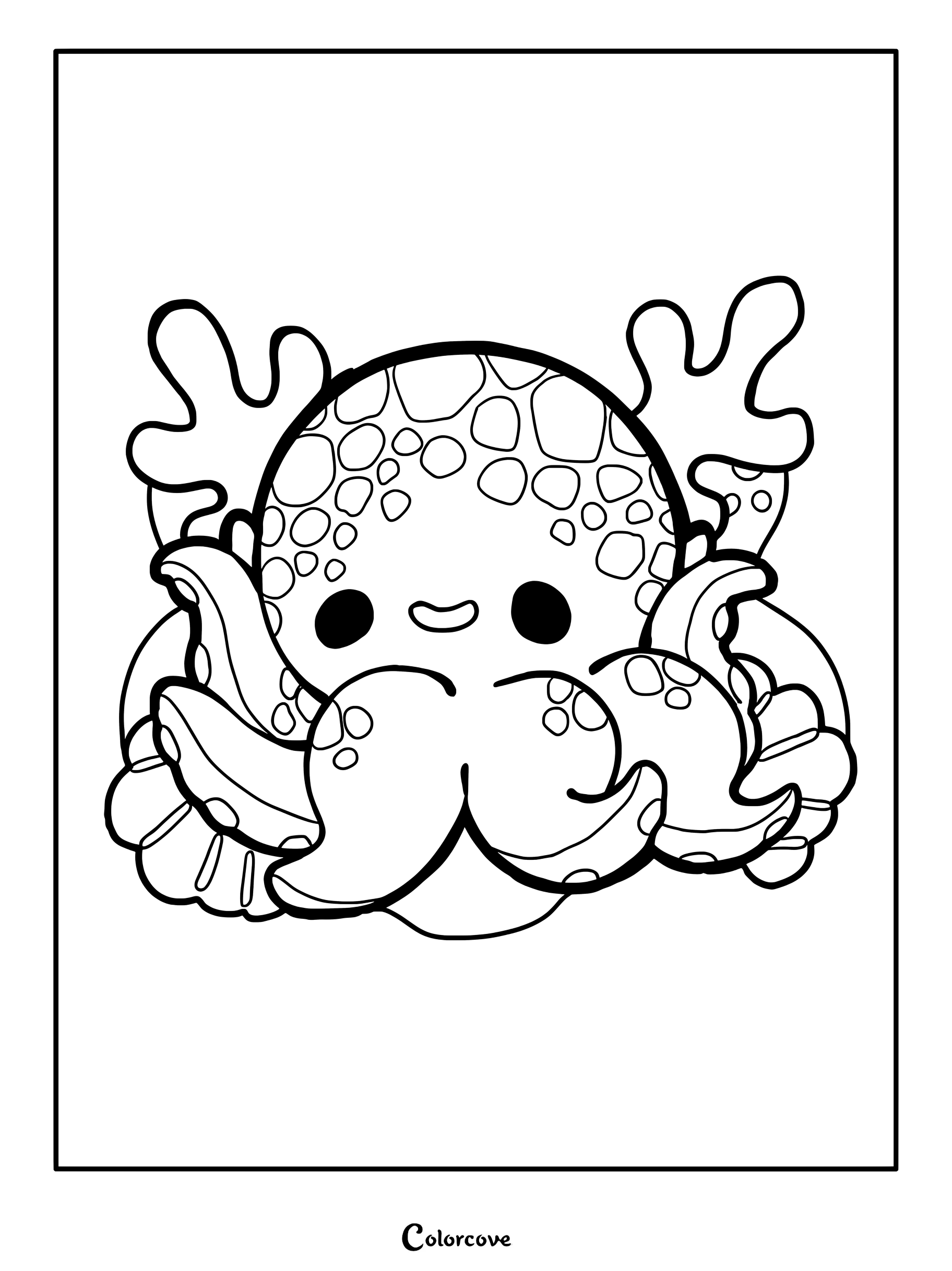 Cute spotted octopus coloring page featuring a smiling cephalopod with coral and seashells