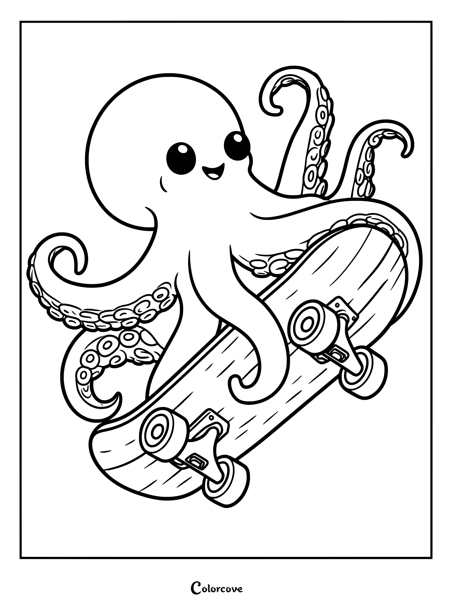 A friendly cute octopus riding a skateboard in this fun line art coloring page