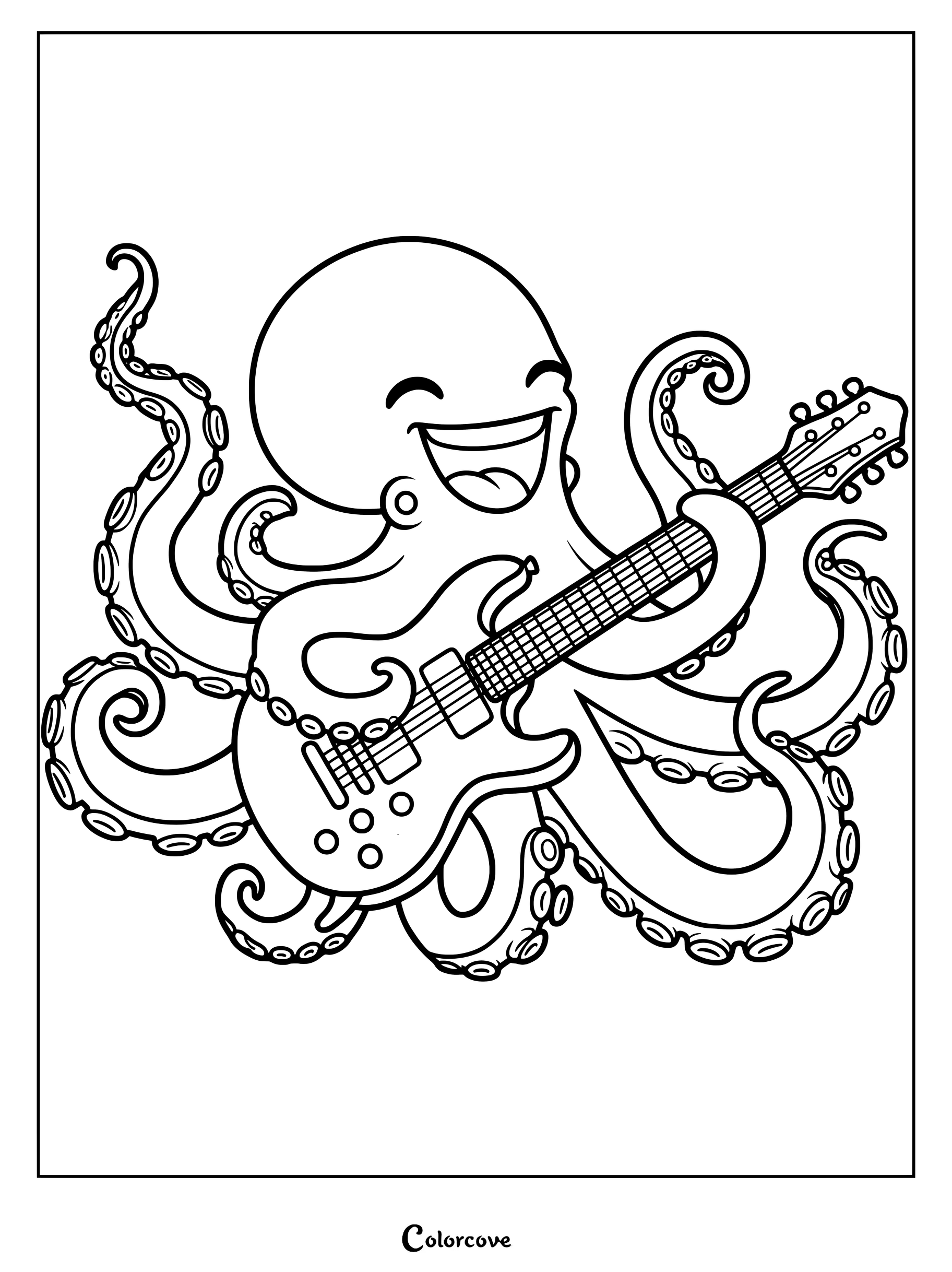 An enthusiastic octopus playing an electric guitar coloring page