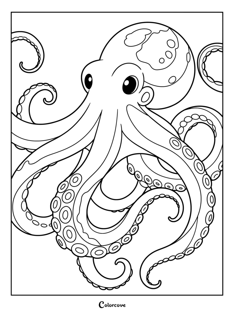 A friendly octopus with swirling tentacles on a printable coloring page