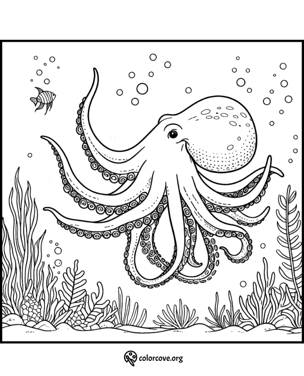 Octopus coloring page with aquatic plants and fish in an underwater scene, suitable for all ages, colorcove.org.