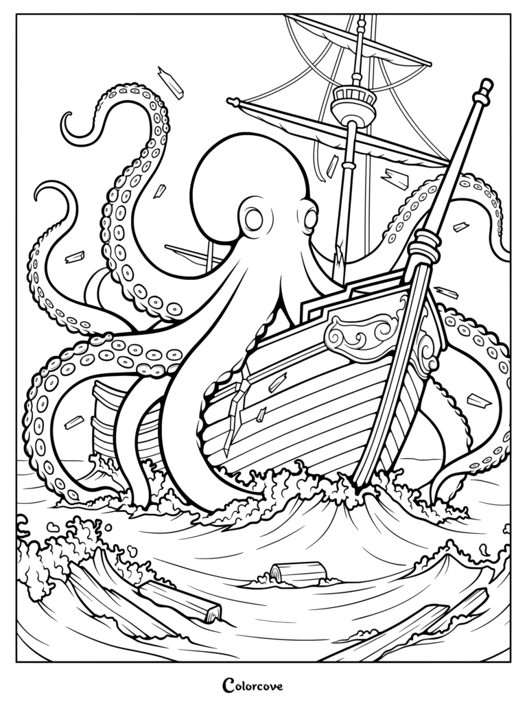 A giant octopus attacking a pirate ship in rough seas coloring page