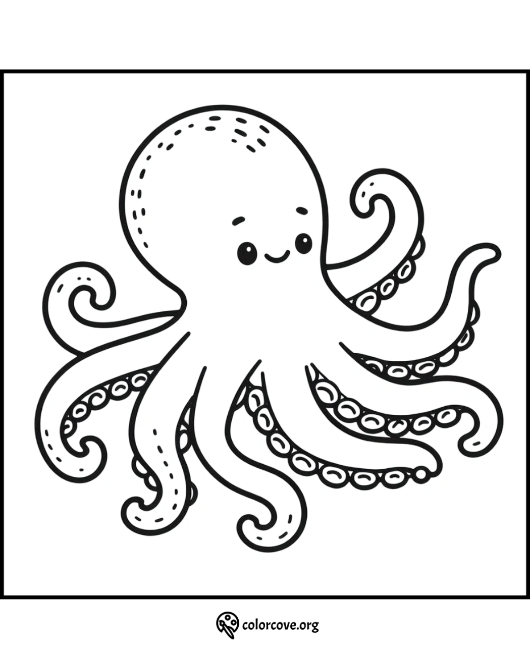 Cute octopus coloring page for kids to print and color. Fun under the sea themed activity at colorcove.org. Printable illustration.