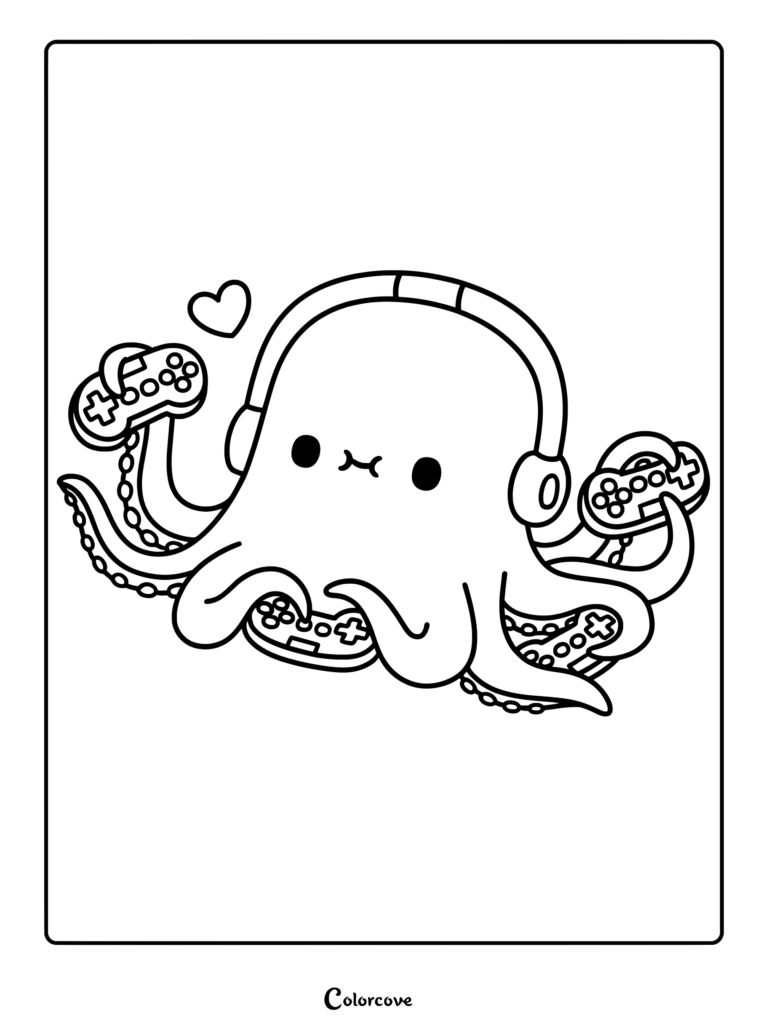 Cute gaming octopus wearing headphones holding multiple controllers printable coloring page