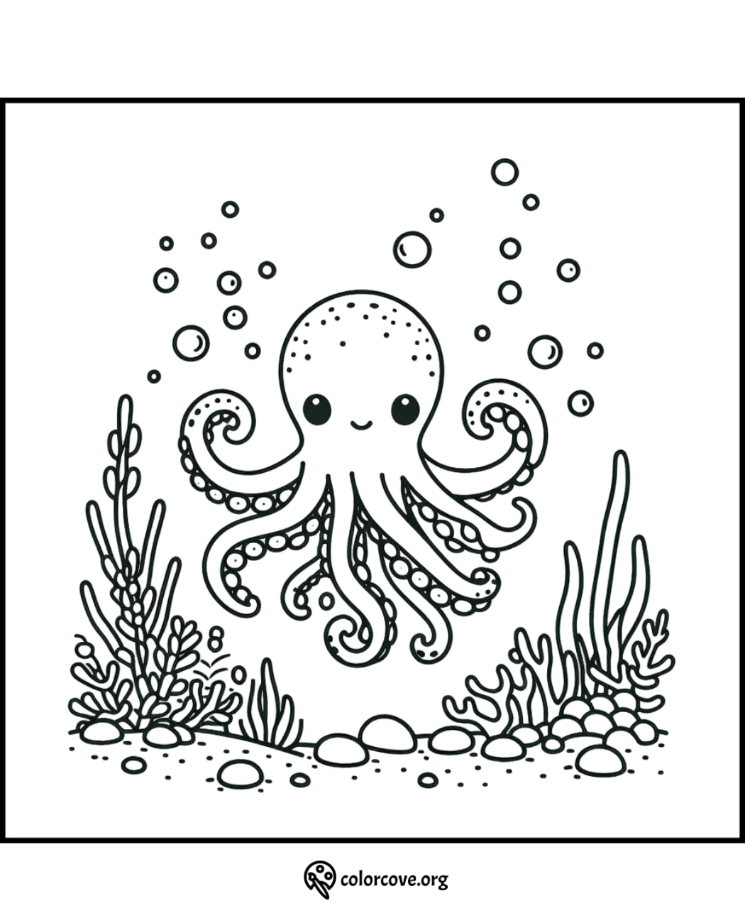 Coloring page of a smiling octopus underwater with seaweed, bubbles, and rocks. Perfect for kids' ocean-themed activities.