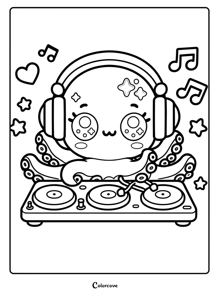A cute octopus wearing large headphones mixing tracks on a DJ turntable coloring page