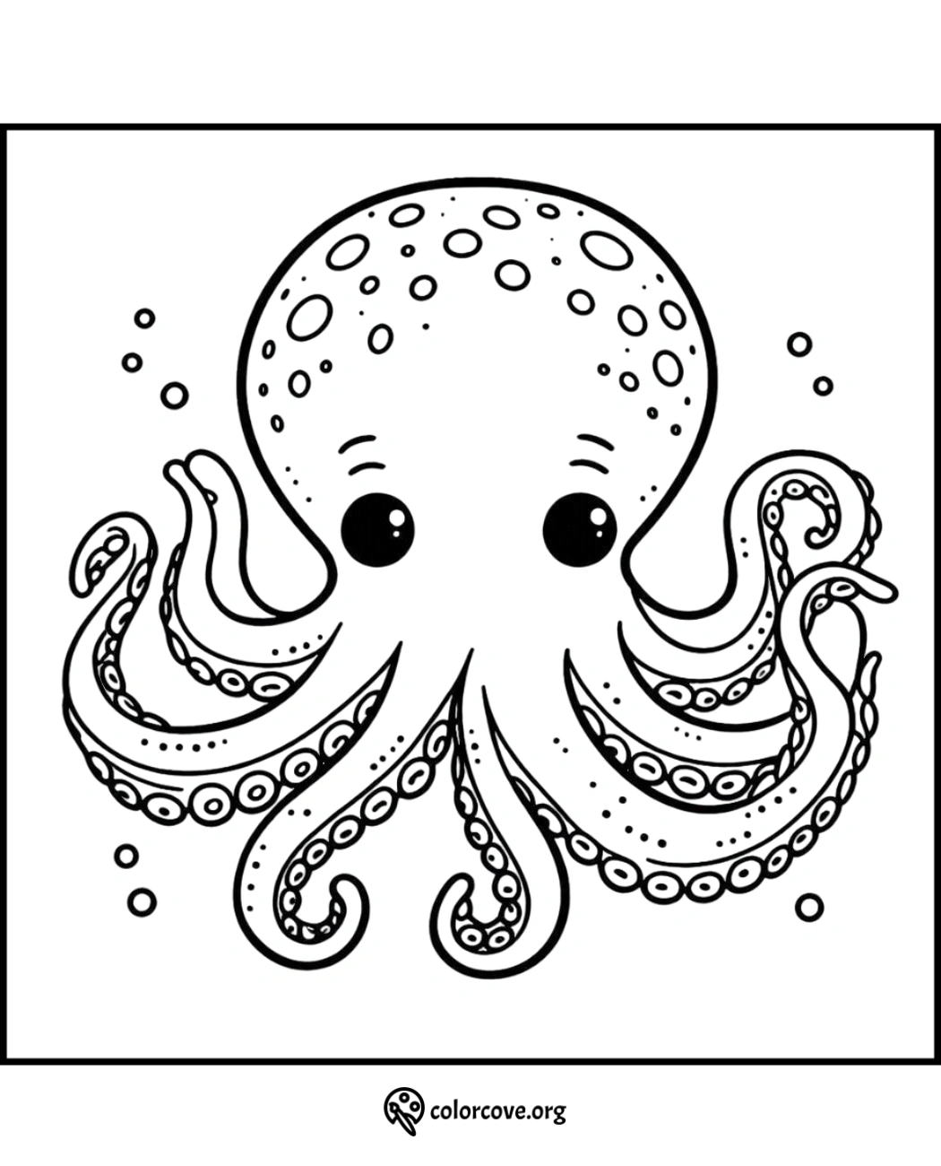 Cute octopus coloring page for kids featuring a detailed, whimsical sea creature with big eyes and swirling tentacles.