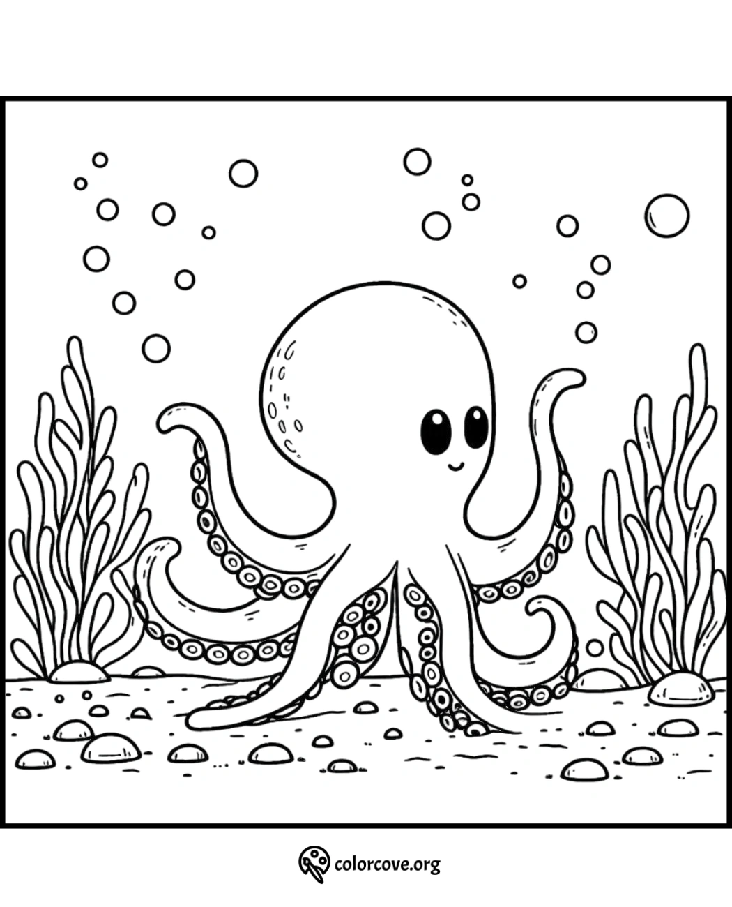 Cute octopus coloring page with seaweed and bubbles, perfect for kids to color and enjoy. Visit colorcove.org for more.