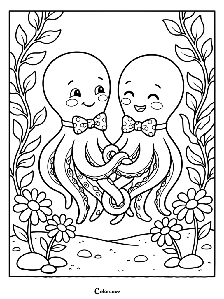 Two cute octopuses wearing bow ties holding tentacles together in an underwater garden coloring page