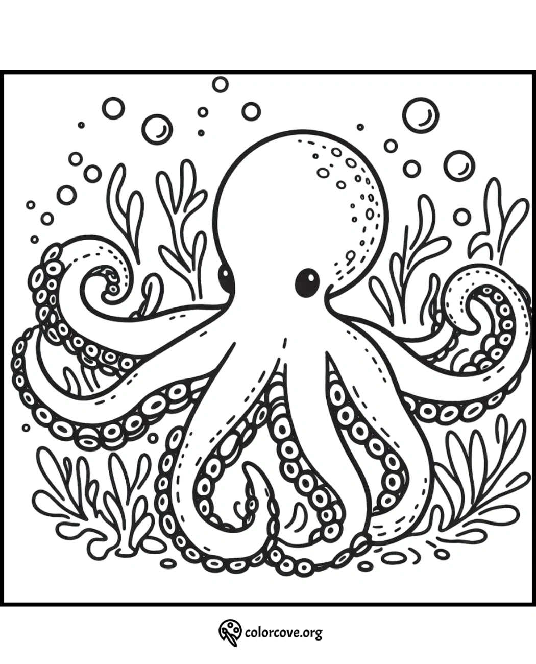 Octopus coloring page with bubbles and seaweed, perfect for kids' underwater-themed coloring activities.