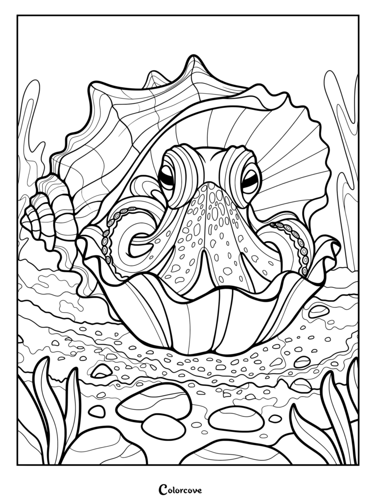 An intricate coloring page featuring an octopus hiding inside a large ornate seashell on the ocean floor