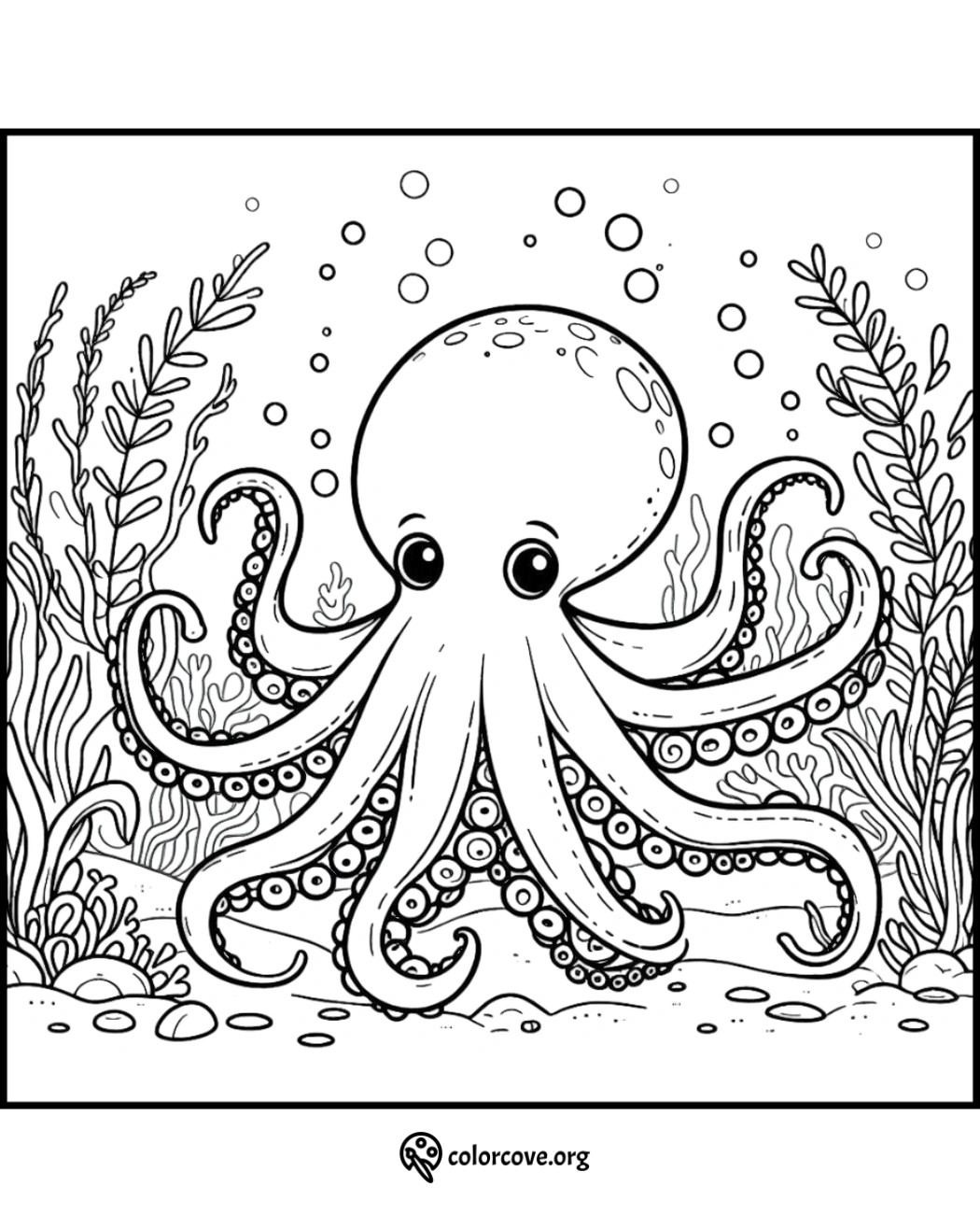 Octopus coloring page featuring a cute octopus with big eyes surrounded by underwater plants and bubbles.