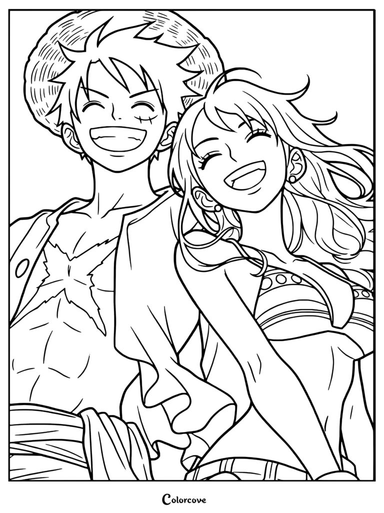 Monkey D. Luffy and Nami smiling happily together in a line art coloring page