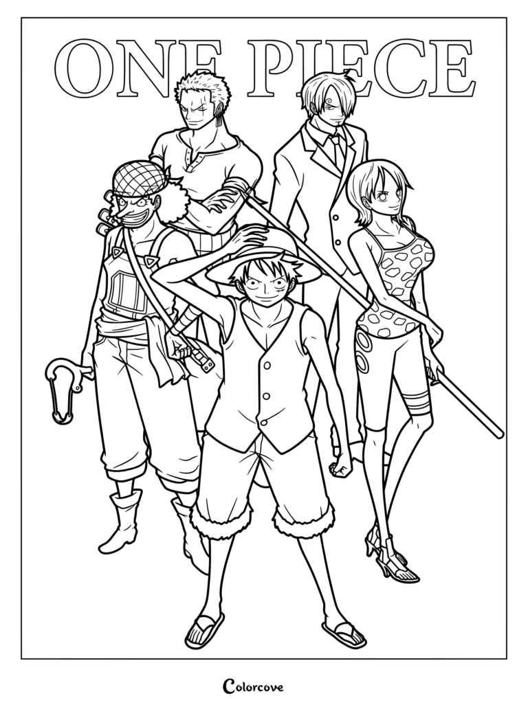 One Piece Episode of East Sea coloring page featuring Luffy, Zoro, Nami, Usopp, and Sanji
