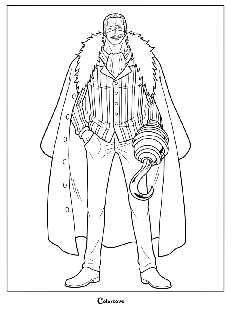 Crocodile coloring page standing with his gold hook hand and fur-lined coat