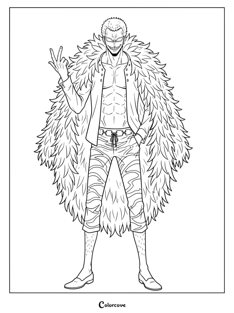 Donquixote Doflamingo wearing his signature feathered coat in a detailed line art coloring page