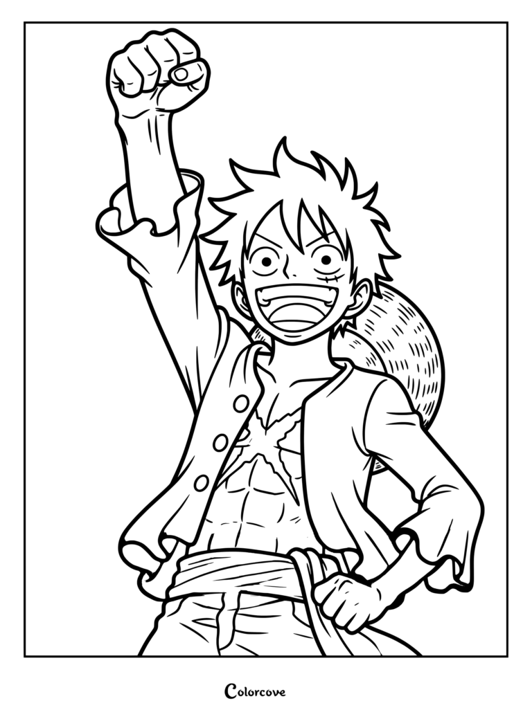 Monkey D. Luffy raising his fist in triumph coloring page