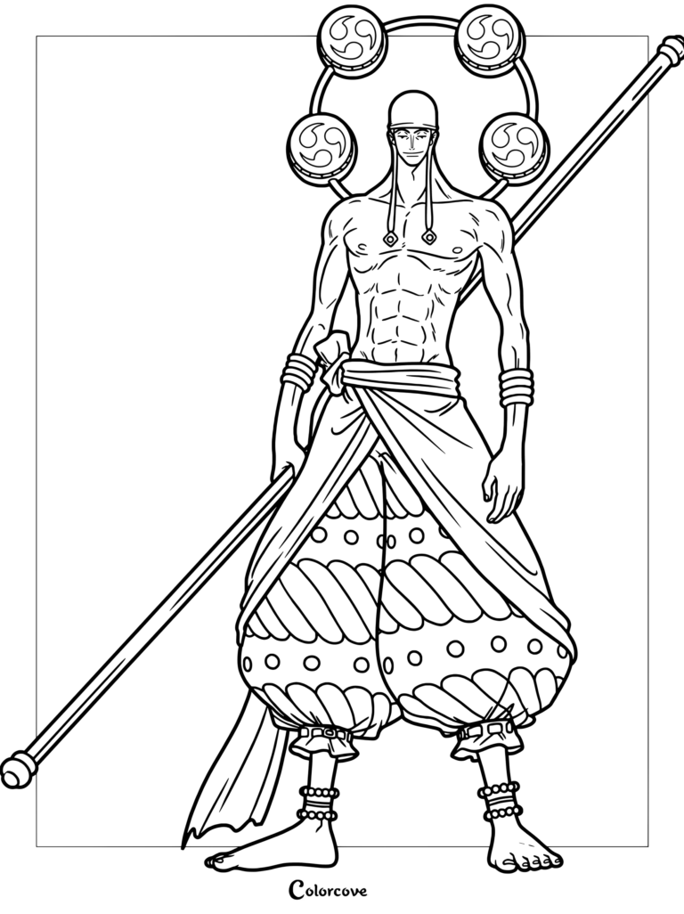 Printable coloring page of Enel holding a staff with drum rings