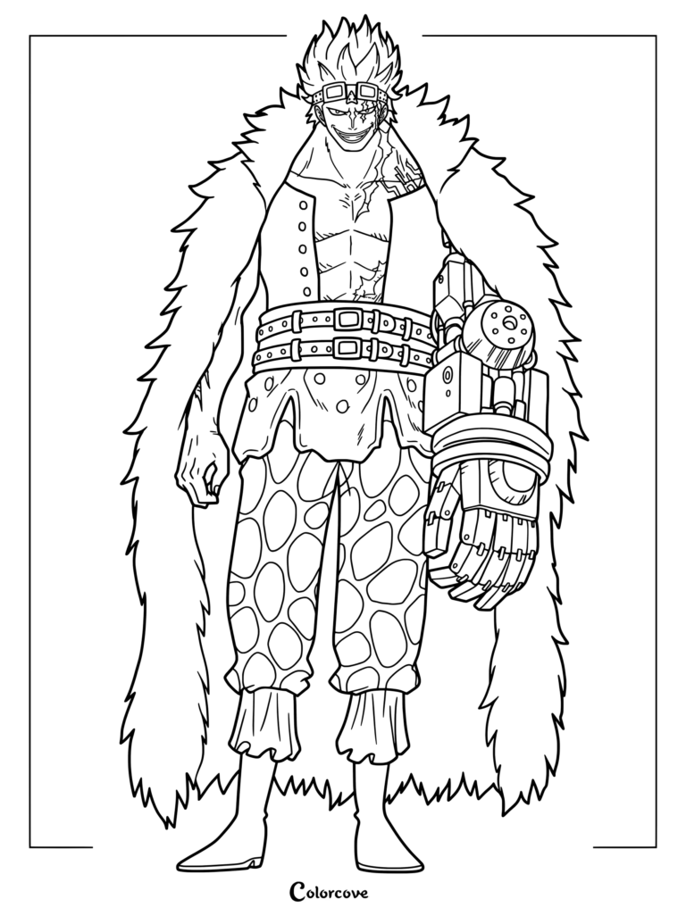 Eustass Kid with mechanical arm and furry coat line art coloring page
