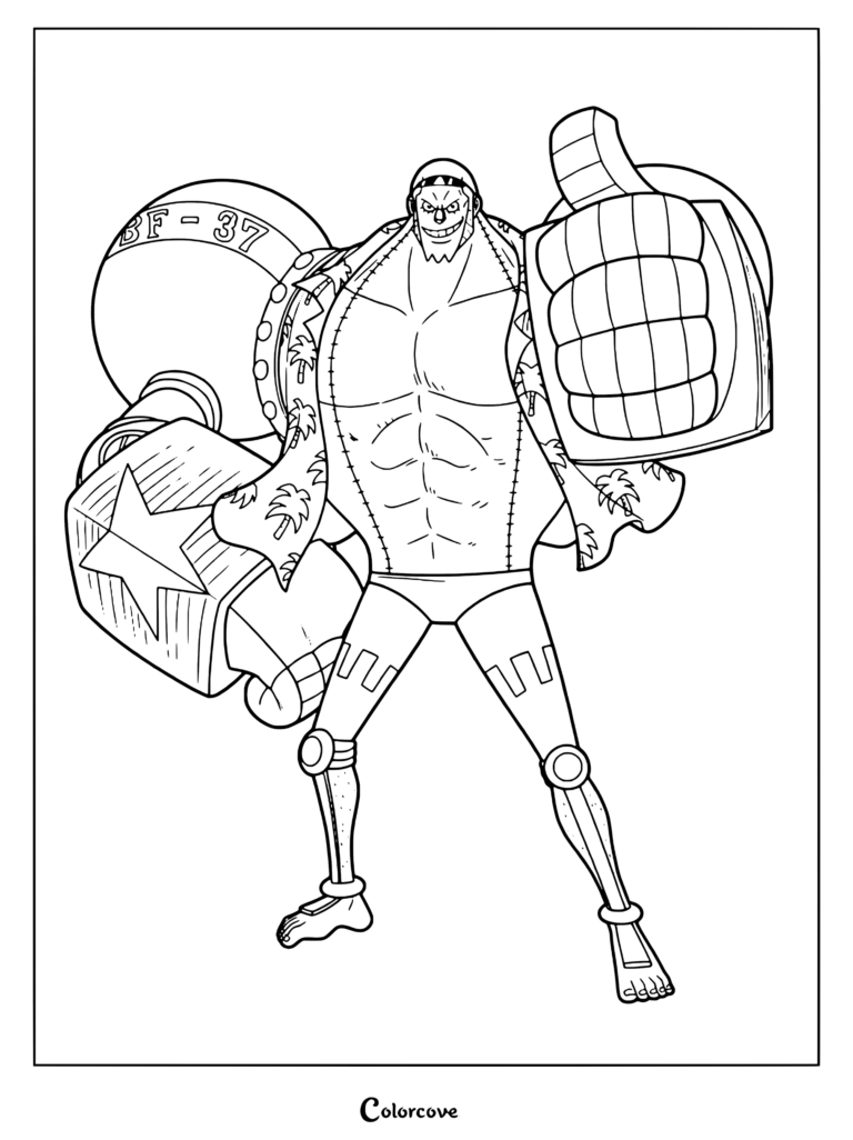 Franky, the shipwright for the Straw Hat Pirates in the One Piece series, showcasing his post timeskip cyborg design coloring page