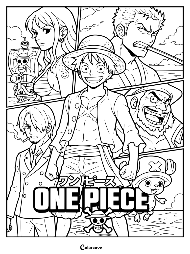 Free printable coloring page featuring an anime style group poster of the Straw Hat Pirates and the One Piece logo featuring Monkey D. Luffy, Nami, Roronoa Zoro, Sanji, Tony Tony Chopper, and Usopp.