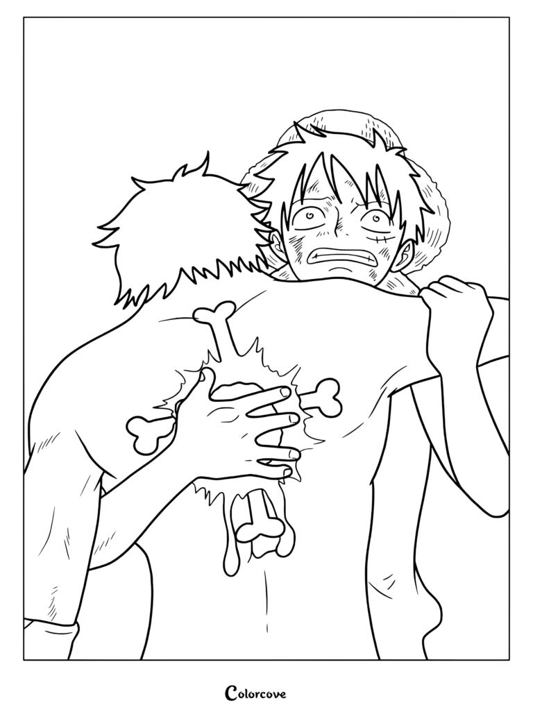 Ace as he dies in Luffy's arms at Marineford coloring page, featuring line art of Portgas D. Ace and Monkey D. Luffy.